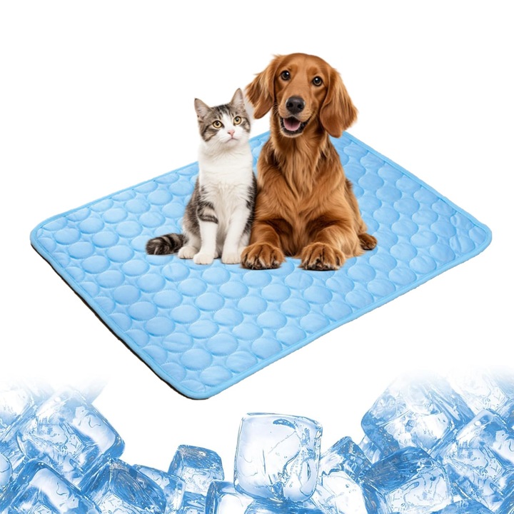Covoras racoritor pentru caini si pisici, saltea racoroasa cu tehnologie Ice Silk pentru racire instant, rezistent la muscaturi si zgarieturi, lavabil, Gri, L (70x55 cm)
