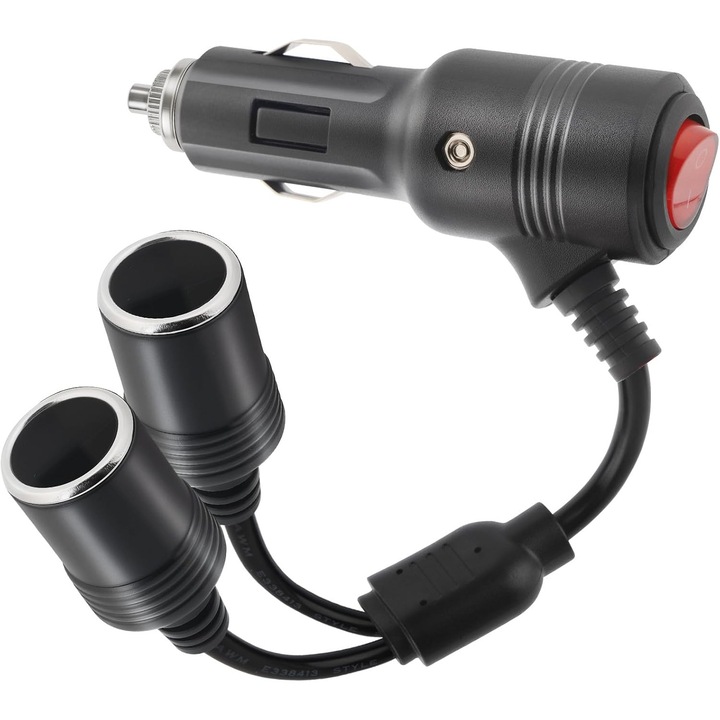 Adaptor bricheta auto 12V splitter 2 iesiri cu intrerupator si siguranta 0.2m negru