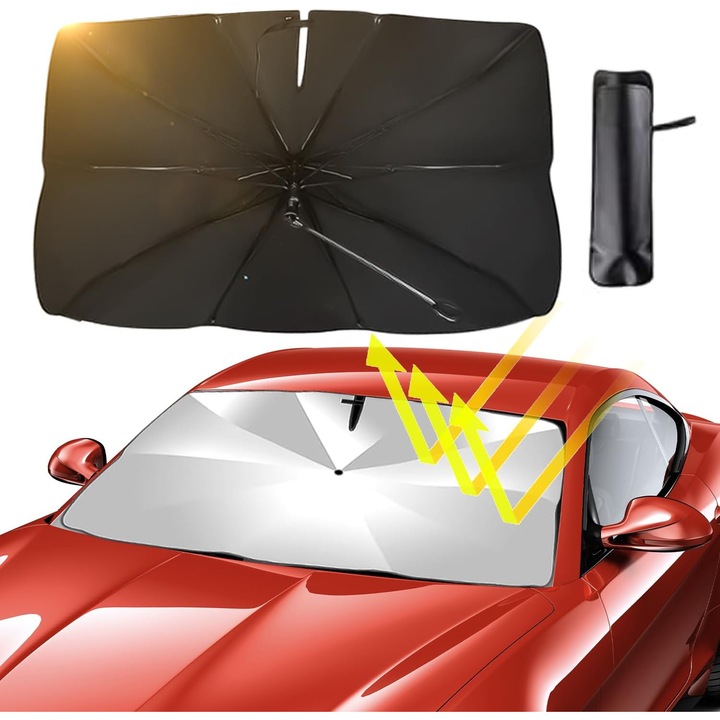 Parasolar parbriz umbrela, cu strat reflectorizant titan-argint si pliere tip umbrela, blocheaza 99% raze UV, argintiu/negru, 125x65 cm