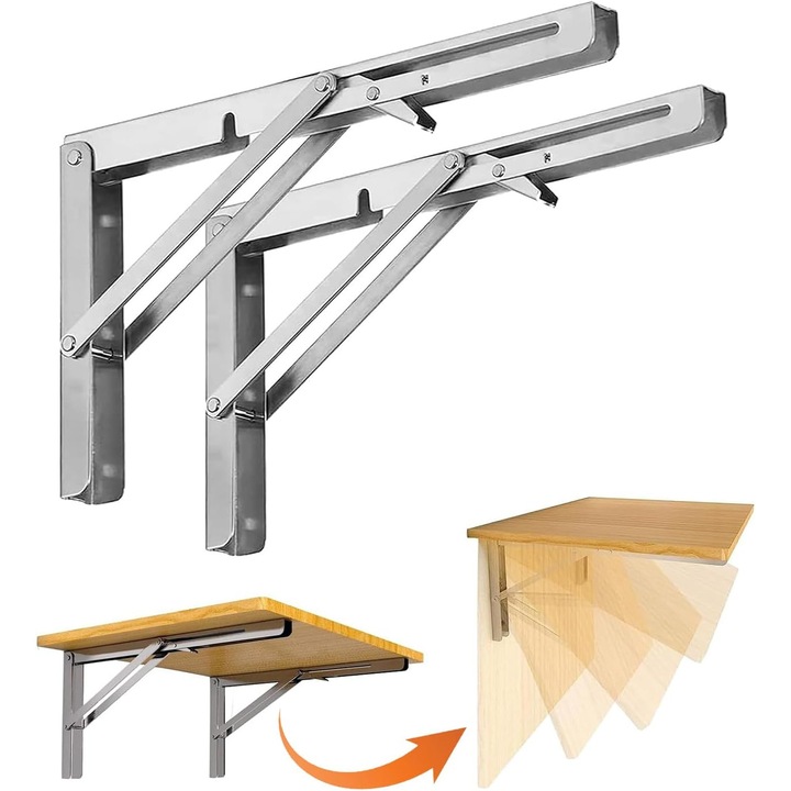 Suport pliabil, 2 buc. raft de perete pliabil, suport pentru raft de perete, suport consola pliabila din otel inoxidabil pentru masa pliabila, rafturi montate pe perete, sarcina maxima 50 kg (argintiu, 200 mm)