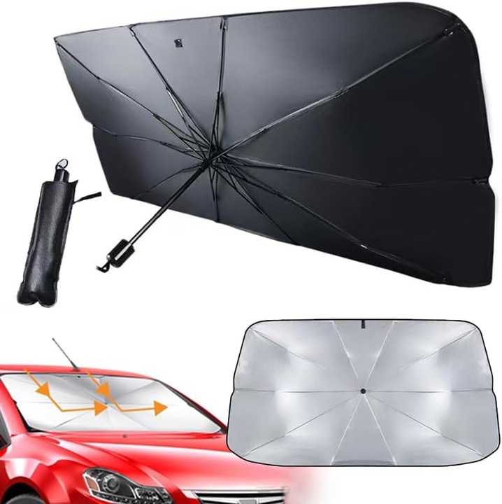 Parasolar pentru parbriz/umbrela auto reflectorizant UPF 50+ care blocheaza 99% din razele UV, pliabil tip umbrela pentru montaj rapid si depozitare cu husa, negru/argintiu, 80x140 cm