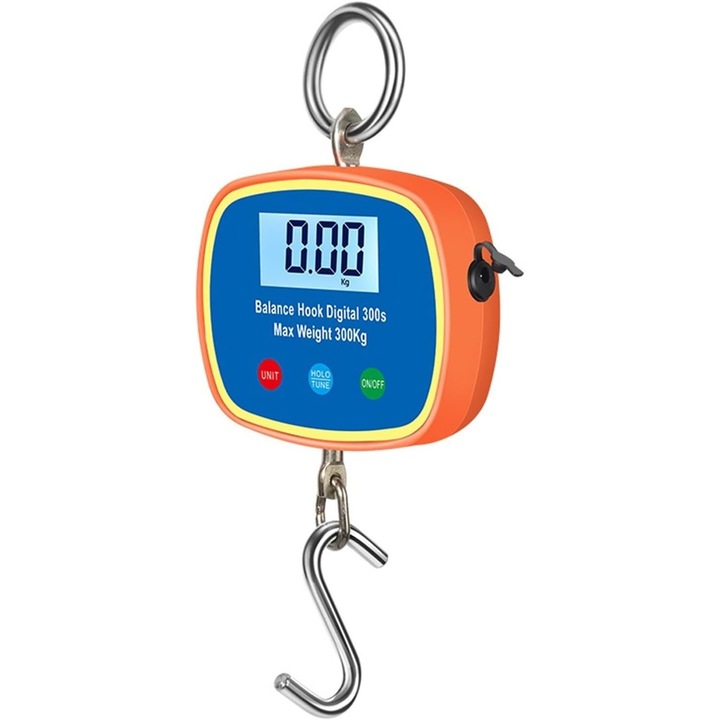 Cantar pentru macara / balanta de carlig portabil, cu afisaj lcd dual, unitati kg/lb/n comutabile, carlig detasabil si inele din otel aliat, carcasa abs, portocaliu/albastru, 0,05-300 kg
