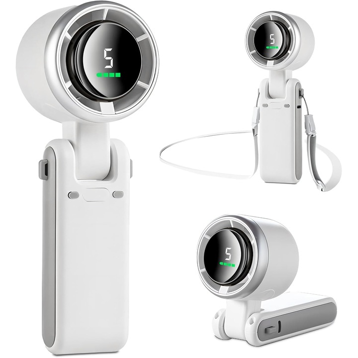 Hordozható ventilátor/mini ventilátor 3 az 1-ben Mini Turbo, brushless motor, 5 sebességfokozat, 3600mAh újratölthető akkumulátor, akár 12 óra üzemidő, összecsukható, Fehér