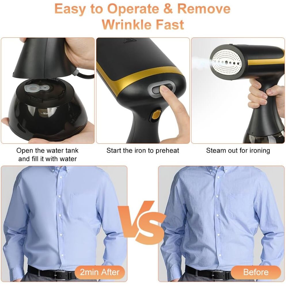 Fier de calcat cu abur, negru, 1500W, capacitate rezervor 350ml, design portabil