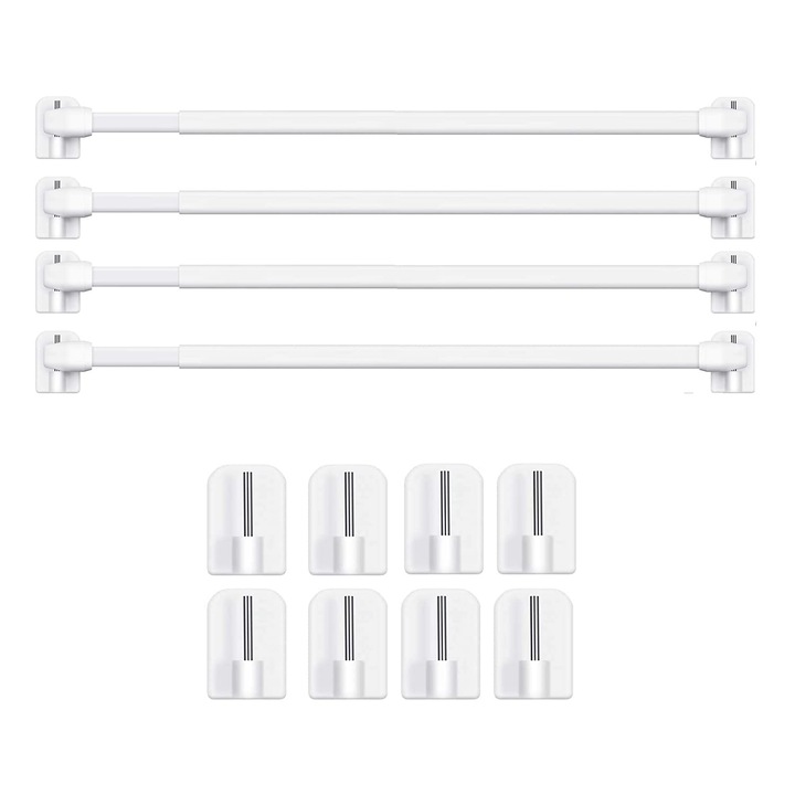 Set 4 bucati bare extensibile pentru perdele, din otel inoxidabil, ajustabile 40-70 cm, montaj fara gaurire, cu carlige autoadezive puternice, Alb, 4 x 40-70 cm