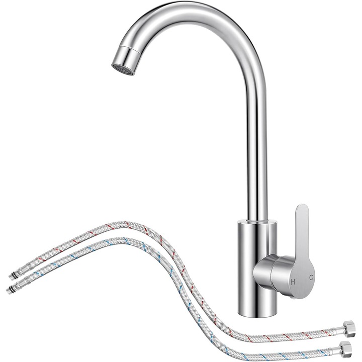 Konyhai csaptelep flexibilis tömlővel, rozsdamentes acél csap 360°-ban forgatható, egykaros, króm felület