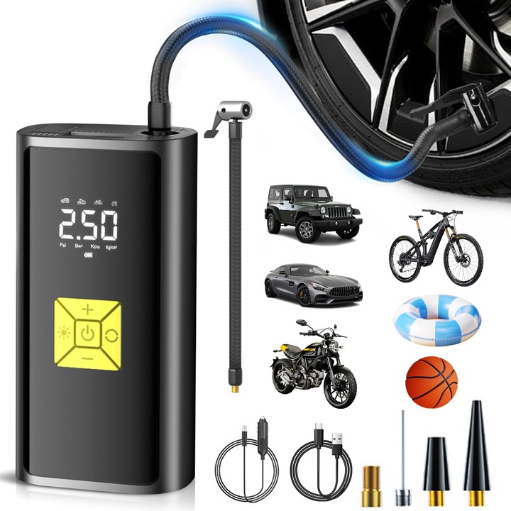 Compresor de aer portabil, pompa electrica 150 PSI, fara fir cu incarcare DC 12V/Type-C, ecran LED cu setare presiune si oprire automata, pentru masina/motocicleta/bicicleta, negru