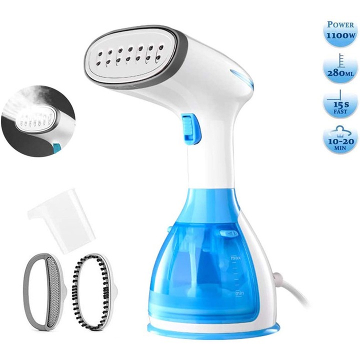 Aburitor vertical portabil, fier de calcat cu aburi, 1500W, rezervor 280ml, debit abur 18 g/min, cu perie cu peri lungi, perie din catifea si cupa de masurare, alb/albastru, 1 buc