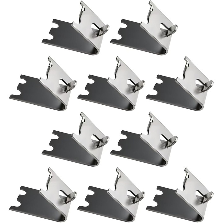 Set 10 bucati, cleme suport pentru raft frigider si congelator, din otel inoxidabil 304, grosime 1.5 mm, design curbat dovetail pentru prindere sigura, argintiu