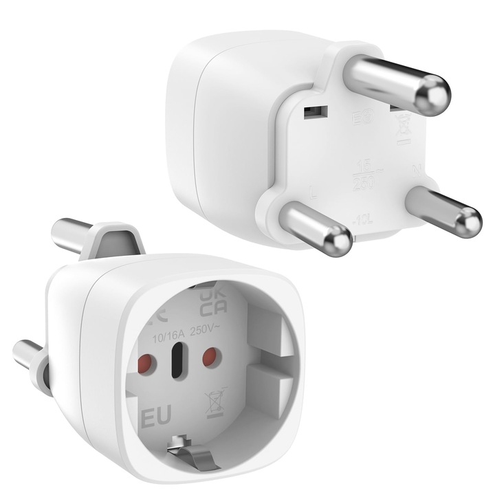 Set 2 bucati, Adaptor priza Europa la Africa de Sud Type M, convertor 2-pin UE la 3-pin SA, 250V 16A, cu protectie pentru copii si material ignifug, Alb