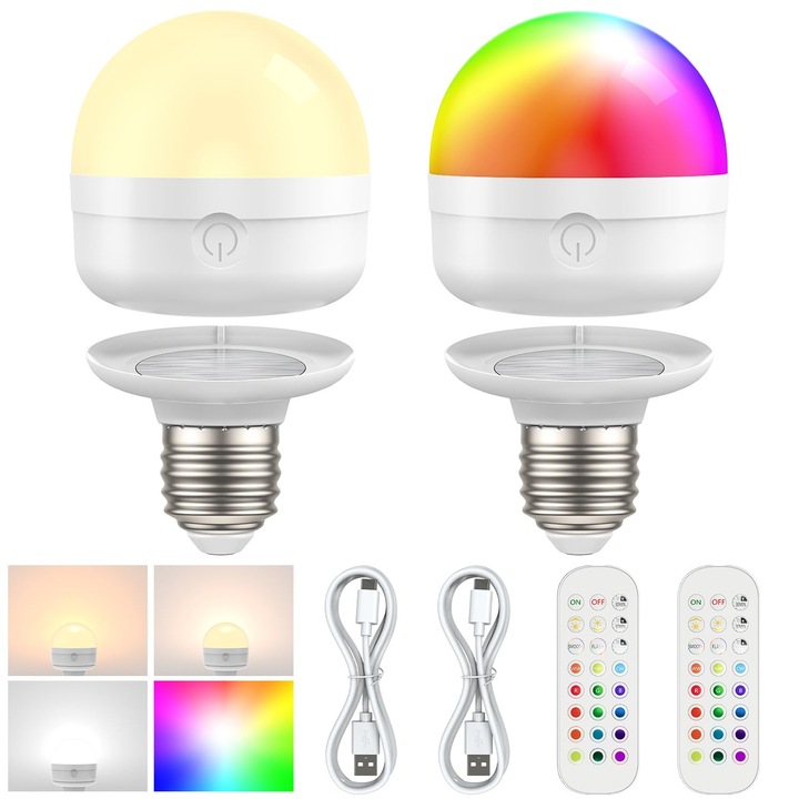 Set 2 bucati, Bec LED reincarcabil E27, RGB dimabil cu telecomanda si touch, baterie 2000 mAh, 6W, timer 15/30/60/120 min, baza magnetica, Multicolor