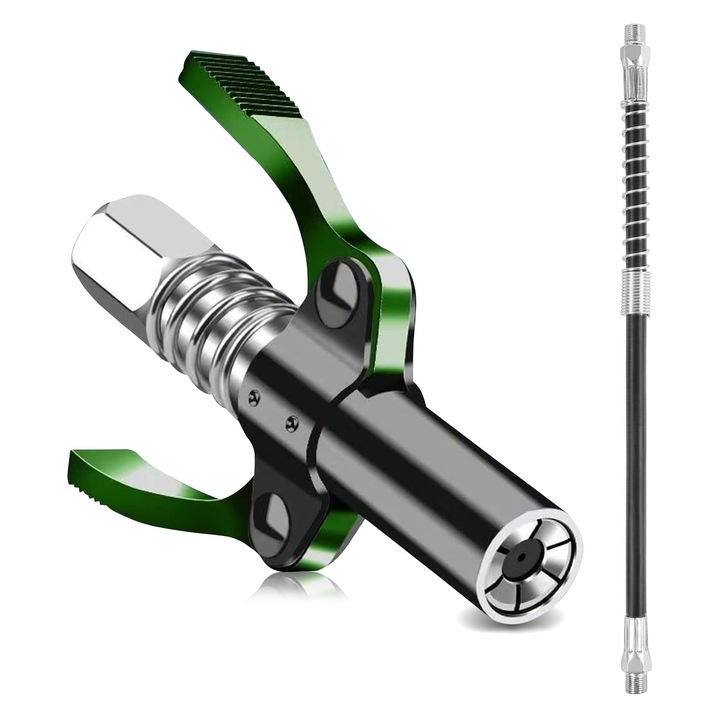 Cuplaj pentru pistol de gresare, duza cu maner dublu si blocare 6-lob, furtun 30 cm, aliaj otel rezistent, compatibil M6-M14, Negru/Verde