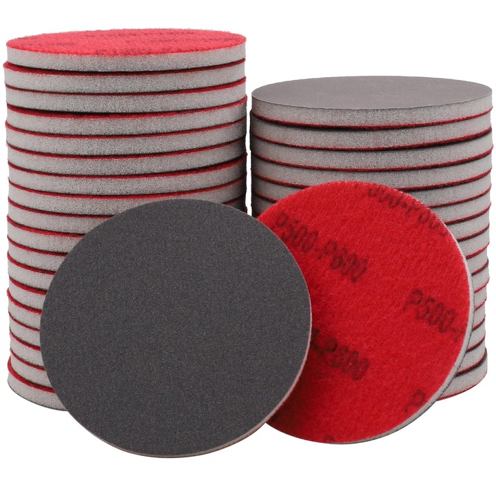 Set 20 bucati, Discuri abrazive (smirghel disc) 76 mm (3 inch), cu sistem hook and loop, din oxid de aluminiu cu burete, granulatie 180-3000, rosu/gri