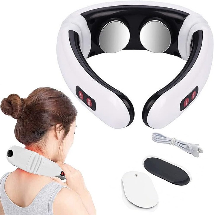 Aparat de masaj gat si spate, dispozitiv cu electrostimulare tip acupunctura, moduri multiple si niveluri de intensitate personalizabile, design ergonomic in forma U, magnetoterapie si plasturi extinsi, alb/negru, 1 bucata