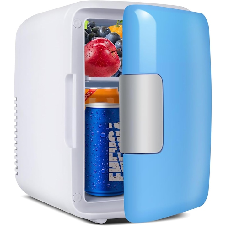 Mini frigider portabil 4L, albastru, 23x17.5x24cm, silentios, cu functie racire si incalzire