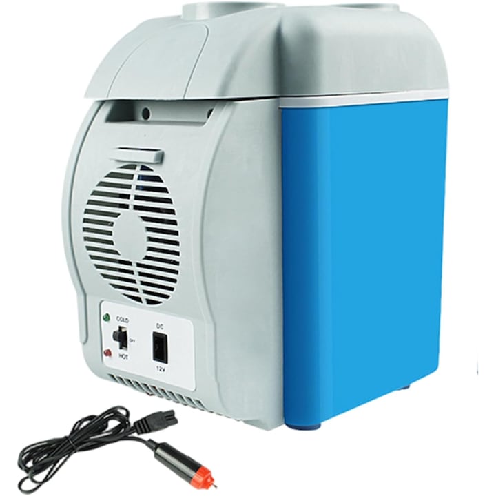 Mini-frigider auto, portabil cu functie racire/incalzire, alimentare 12V, cu curea de transport si baza antiderapanta, reglaj temperatura 15–65°C, albastru/gri, 7.5L
