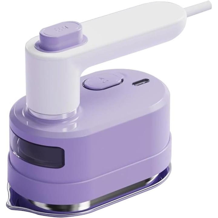 Fier de calcat de voiaj Mini cu abur, 1000W, talpa ceramica-titan, rezervor transparent 70ml, pliabil 180°, mod abur/uscat, alb/mov