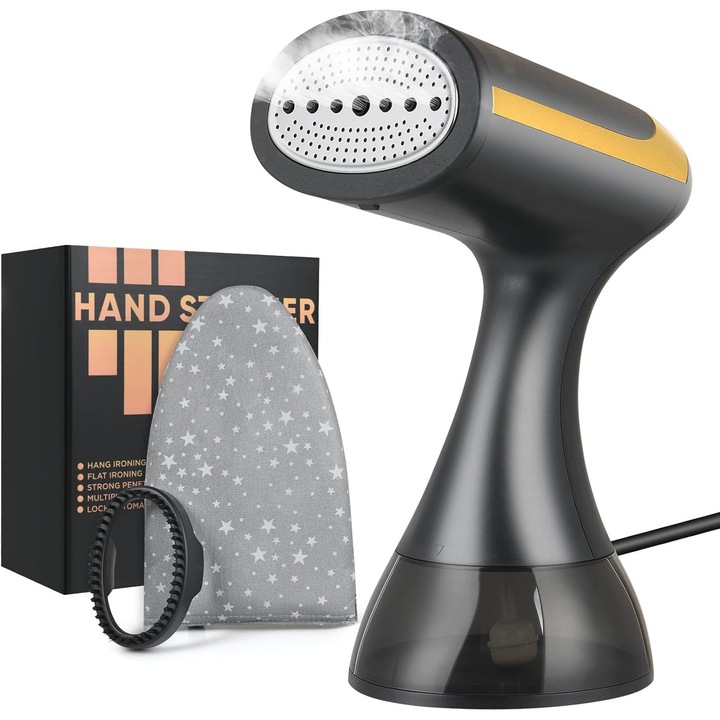 Fier de calcat cu aburi portabil 1500W, rezervor 300ml, negru, set cu perie si manusa