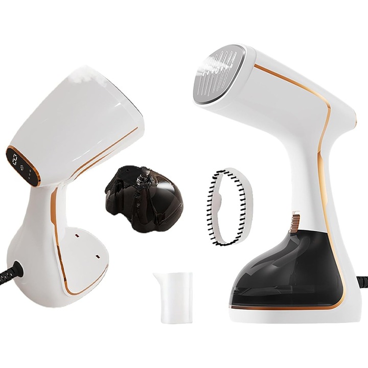Aburitor pentru haine Fvobzxg, steamer portabil compact, debit abur 25 g/min, pana la 12 min functionare per umplere, incalzire 30 s, alb, 1 buc