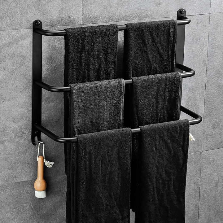 Suport prosop 3 niveluri, bara pentru prosoape din inox 304, montaj fara gaurire cu adeziv puternic, design tip scara, include suruburi pentru montaj, Negru, 1 buc