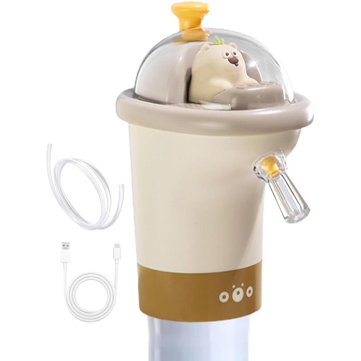 Pompa electrica pentru apa, dispenser pentru bidoane USB reincarcabil 800mAh, din ABS cu furtun din silicon, pentru bidoane 4.5-18.9L, cu design animal dragut, Bej/maro