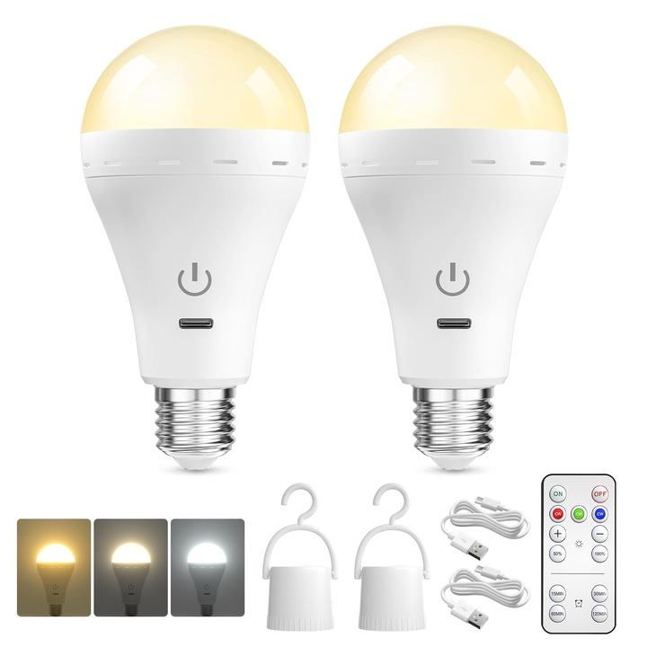 E27 újratölthető LED izzó, távirányító, 3 színhőmérséklet, USB, 2 darabos szett