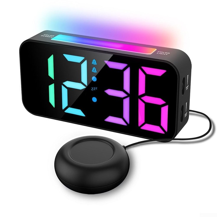Ébresztőóra RGB kijelzővel, szundi és rezgés funkcióval, állítható fényerővel, kettős ébresztés beállítással, éjjeli szekrényre
