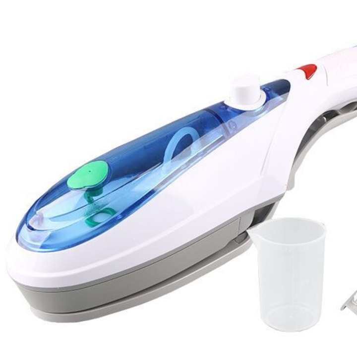 Aburitor vertical portabil 1000W, cu rezervor 100 ml, debit abur 10 g/min, perie detasabila si pad textil, cablu rotativ 360°, protectie la supraincalzire, alb/albastru, 1 buc