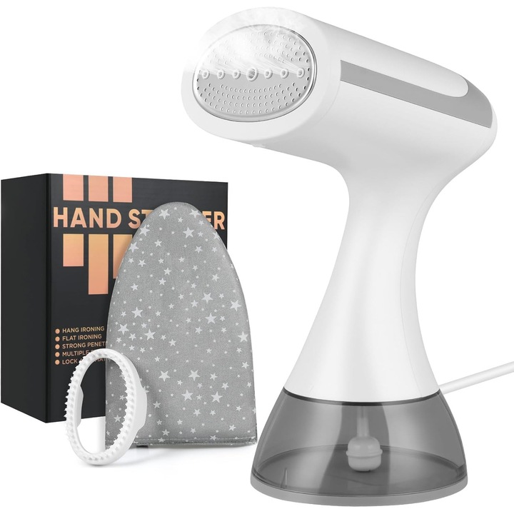 Fier de calcat cu aburi portabil (steamer), 1500W, rezervor 300ml, incalzire rapida 20s, set cu perie si manusa, Alb