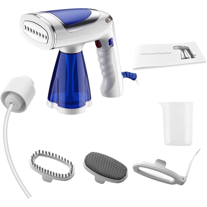 Aburitor portabil, fier de calcat cu aburi, 1600W, 3 trepte reglabile, rezervor detasabil, pliabil, accesorii pentru curatare incluse, alb/albastru, 250ml