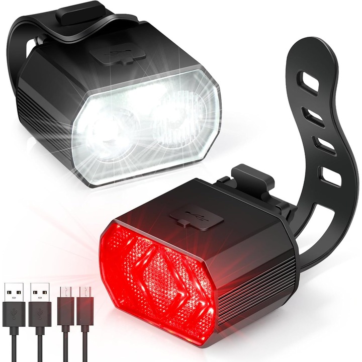 Set lumini bicicleta fata-spate USB reincarcabile LED 6 moduri multicolor 95x160mm