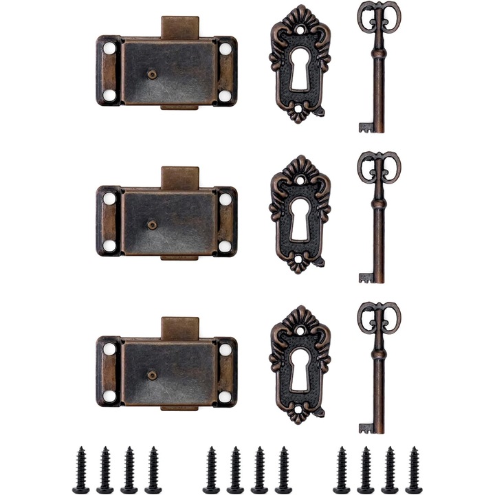 Set de 3 lacate pentru mobila antica, lacate retro cu chei, set de lacate antice, pentru cutii de bijuterii, dulapuri, sertare, 53 x 26 mm