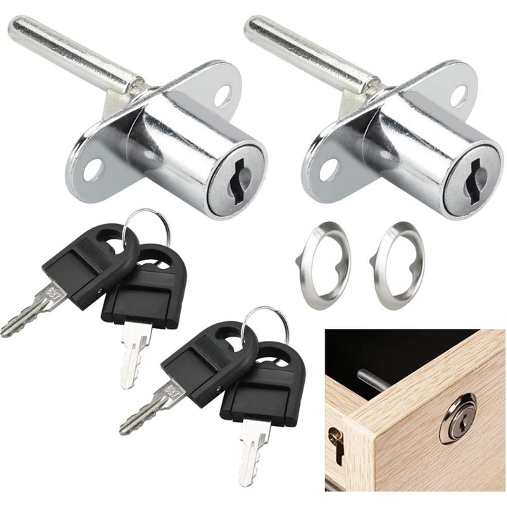 Set 2 buc. Incuietoare de sertar de birou cu chei, cilindru, pentru sertar din lemn/sertar de birou (gaura de cheie de 16 mm)