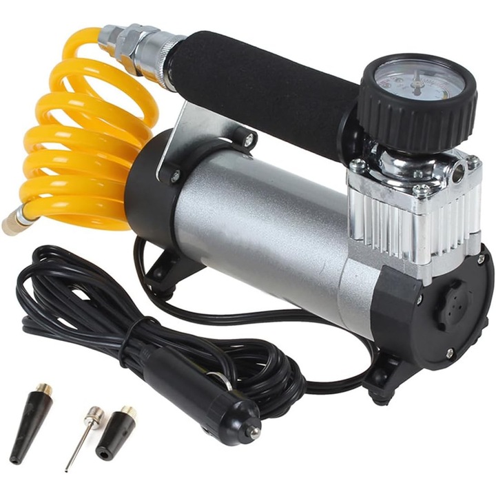 Compresor auto 12V, dublu cilindru, metalic, 100 PSI, negru, compact