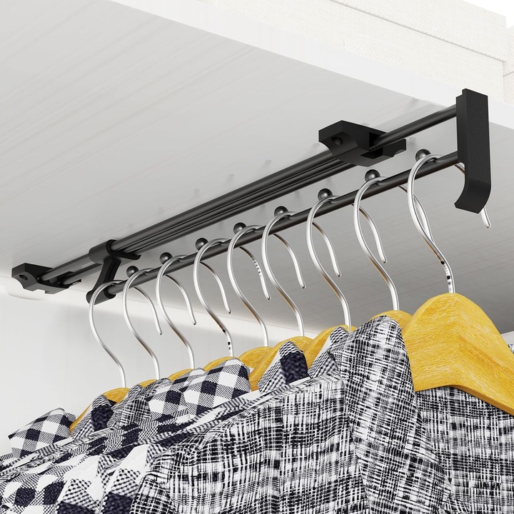 Suport umerase extensibil Aresvrgo, 45-82 cm, bara haine telescopica, metal rezistent, organizator haine si pantaloni, montaj cu suruburi, negru