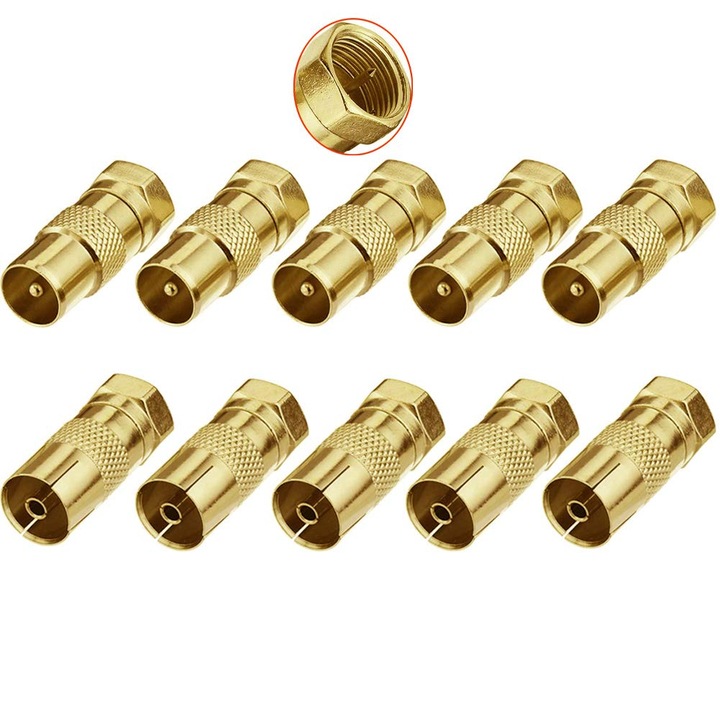 Set adaptoare coaxiale F tip mufe male-femele, 10 piese, aurii, universale