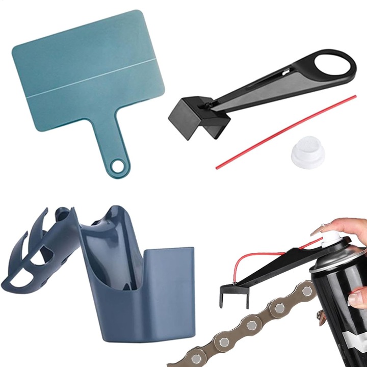 Set 4 bucati, Aplicator ungere lant motocicleta, kit curatare si ungere, ergonomic din ABS, previne stropirea, Multicolor