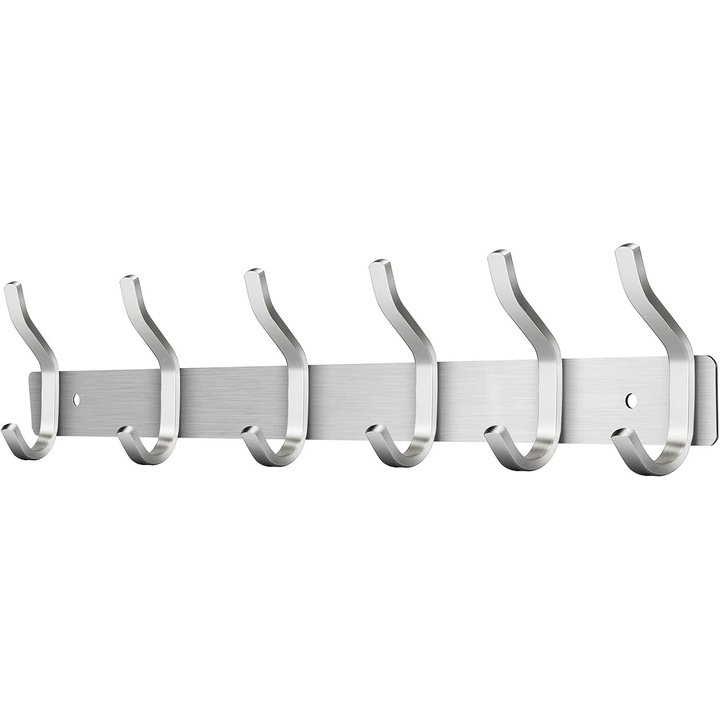 Cuier de perete suport haine din otel inoxidabil, 6 carlige, capacitate 30 kg, rezistent la coroziune, argintiu, 1 buc
