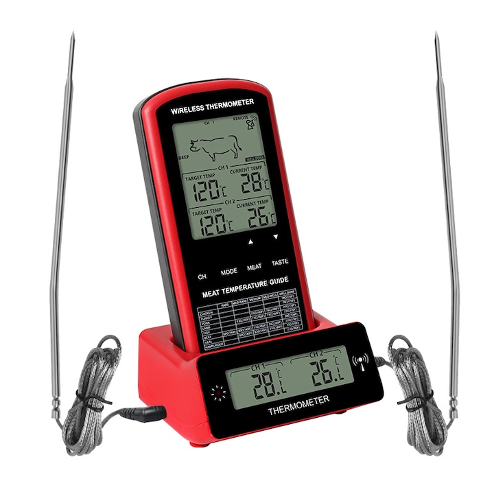 Termometru de carne wireless cu doua sonde, monitorizare digitala, design portocaliu, interval de temperatura -50C la 300C