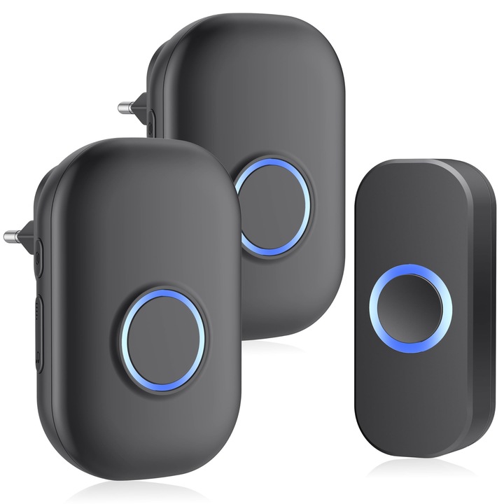 Set sonerie wireless exterior cu 2 receptoare, 150m, IP44, 32 tonuri, volum ajustabil, albastru