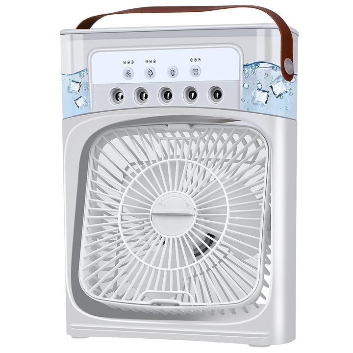Hordozható 5 az 1-ben léghűtő, mini ventilátor, 3 sebesség, 7 LED világítás, 680 ml tartály, fehér