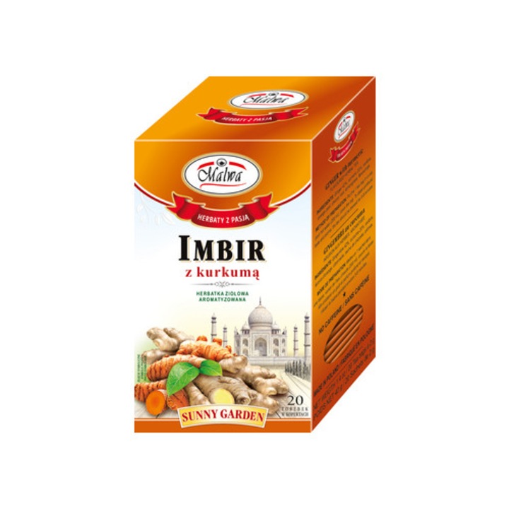 Ceai Malwa Sunny Garden, herbata din plante cu ghimbir si curcuma, 40 g (20 plicuri)