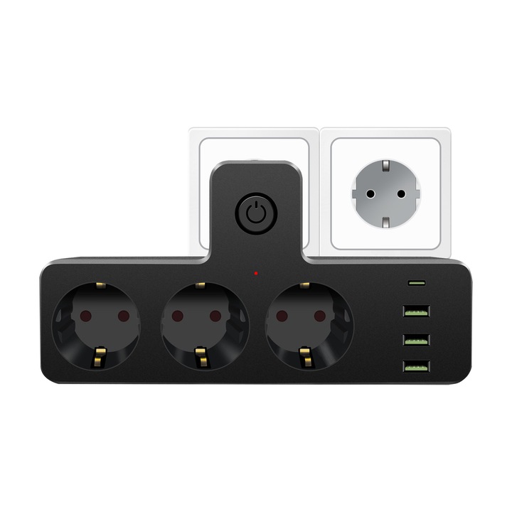 Prelungitor cu comutator, 3 porturi USB si 1 port Type-C, negru, pentru acasa si birou