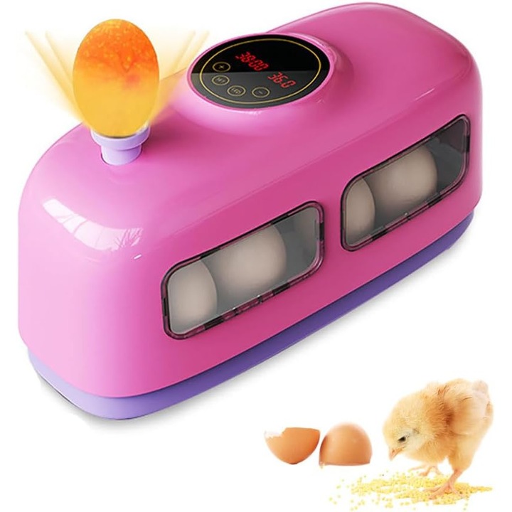 Tojáskeltető mini 8 tojásos, automata hőmérséklet-szabályozás, LED világítás, átlátszó ablak, rózsaszín/lila