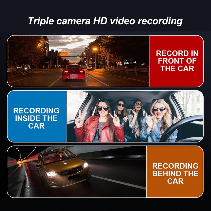 Camera auto DVR 1080P cu 3 camere, display de 3 inch, viziune nocturna, detectie inteligenta a miscarii
