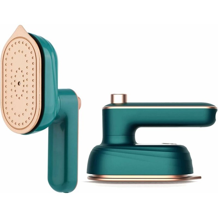 Fier de calcat portabil mini 2-in-1, uscat si cu abur, talpa titan, rezervor 50ml, pliabil si usor, verde/auriu, 1 buc