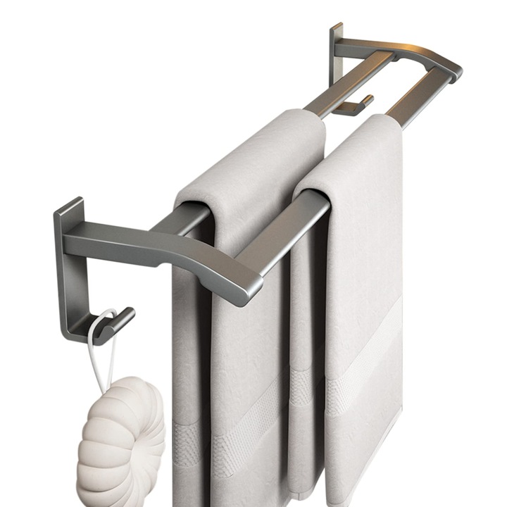 Suport pentru prosoape montat pe perete, aluminiu gri, 60cm, fara gaurire