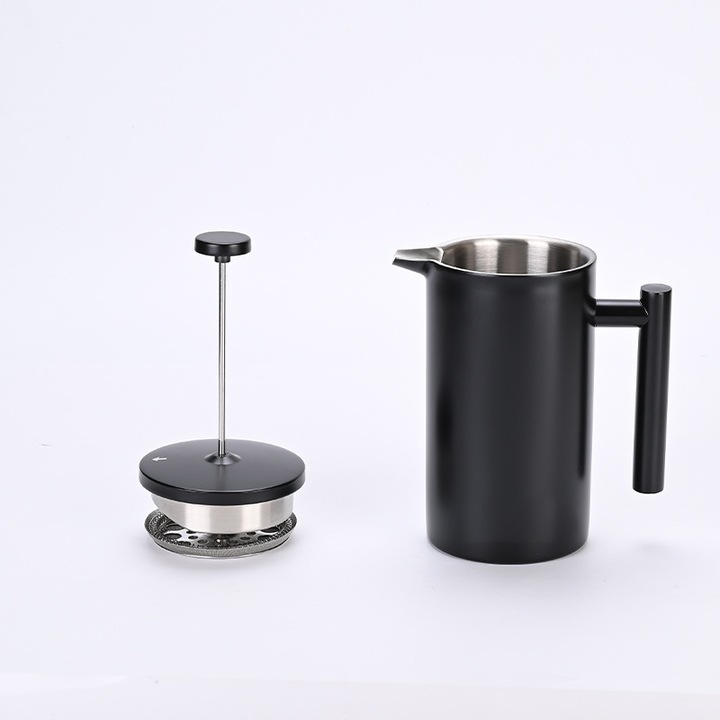 Cafetiera french press presa de cafea din otel inoxidabil 304, cu perete dublu izolat, cu piston manual si maner din lemn, negru, 350ml (2 cani)