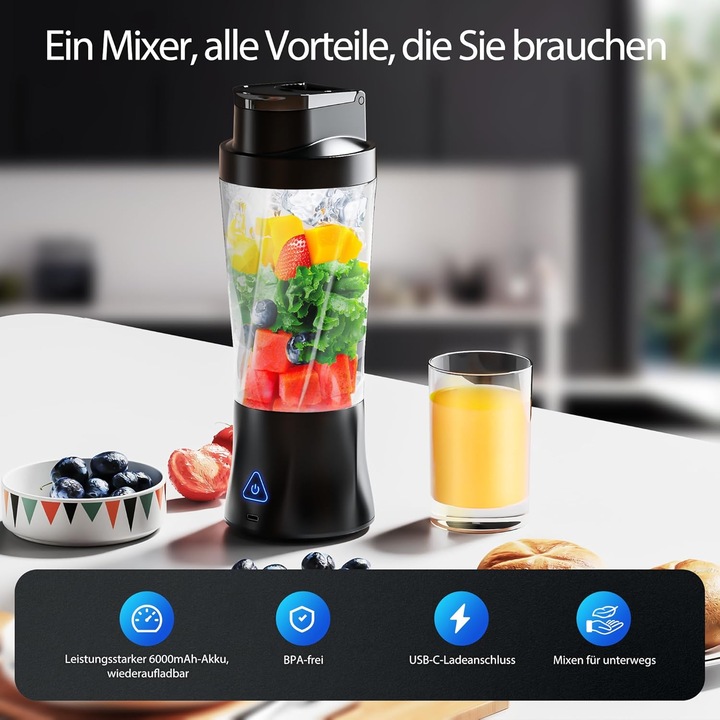 Преносим мини блендер 700ml, 6000mAh, мощен, без BPA, херметичен, бял