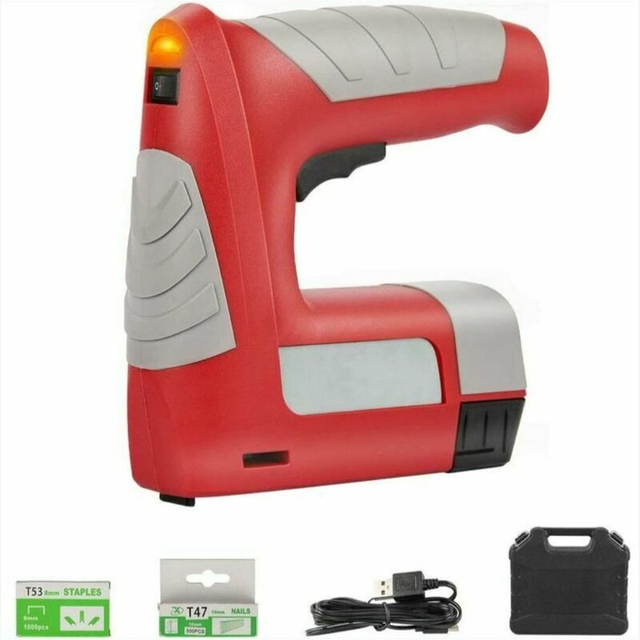 Capsator electric fara fir, pistol electric de capsat cu acumulator 4.2V, incarcare USB, 3 tipuri agrafe T50/T53/T47, 30 agrafe/min, indicator baterie, geanta de transport si incarcator, rosu/gri, 1 buc